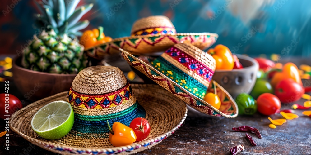Festive Cinco de Mayo background featuring vibrant colors, traditional Mexican elements such as sombrero.