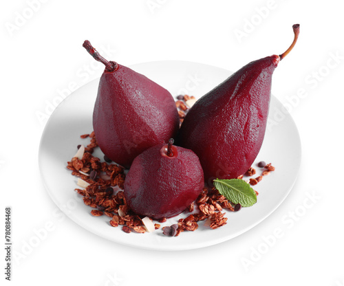 Tasty red wine poached pears with muesli isolated on white