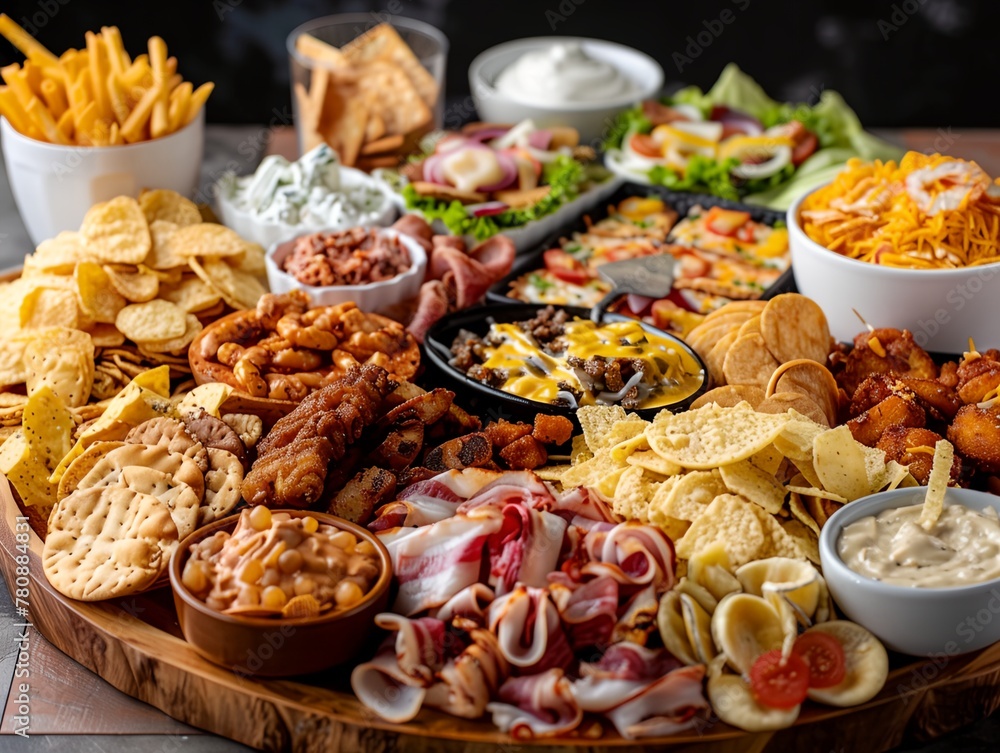 Board with variety of fast food items and snacks, offering a tempting selection for quick bites and indulgence.