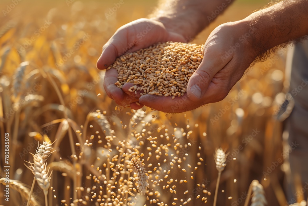 Close-up of a farmer's hands holding handful of wheat grains in wheat field. Close-up of a farmer's hands holding handful of wheat grains in wheat field.