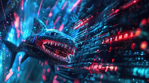 Digital technology phishing concept with blue light and glowing artistic representation of data security and safety in cyberspace with shark photo