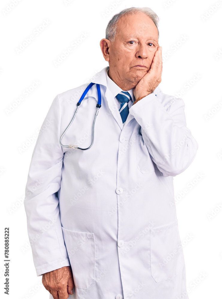 Senior handsome grey-haired man wearing doctor coat and stethoscope thinking looking tired and bored with depression problems with crossed arms. Senior handsome grey-haired man wearing doctor coat and stethoscope thinking looking tired and bored with depression problems with crossed arms.