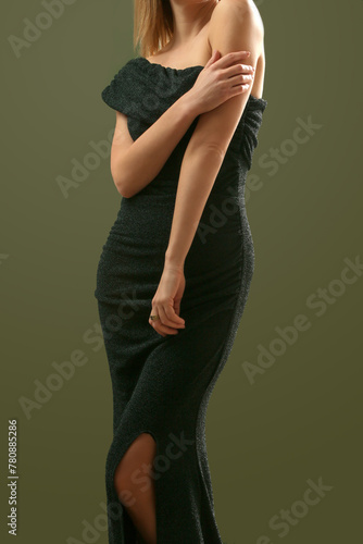 Принти на полотні Serie of studio photos of female model in elegant black sparkling one shoulder a