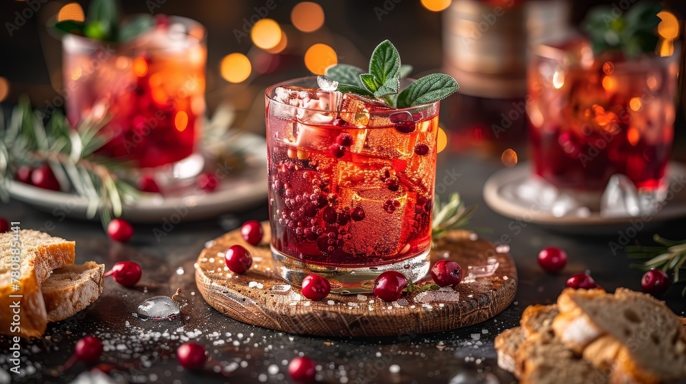   A tight shot of a drink in a glass, positioned on a table Cranberries and a slice of bread nestle beside it