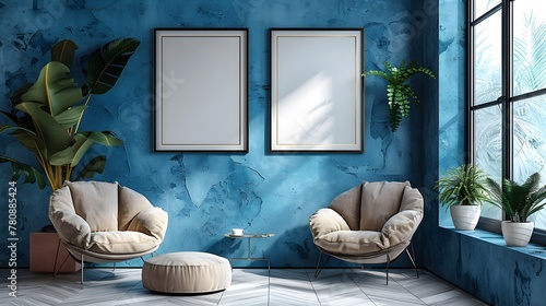 a modern interior adorned with two poster frames, set against a backdrop of a calming blue room, enhanced by a chic beige chair, textured blue plaster wall