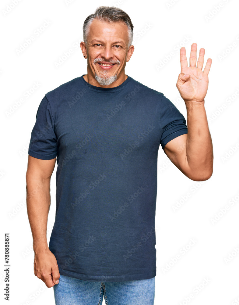 Middle age grey-haired man wearing casual clothes showing and pointing up with fingers number four while smiling confident and happy. Middle age grey-haired man wearing casual clothes showing and pointing up with fingers number four while smiling confident and happy.