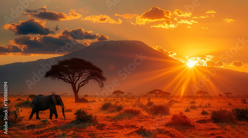  An elephant stands in a field, surrounded by verdant terrain A distant mountain range, bathed in sunlight, forms an impressive backdrop Sunlight filters through the clouds, casting a