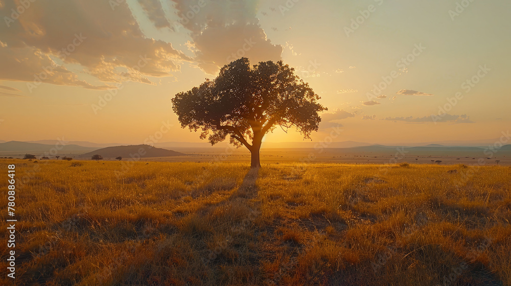   A solitary tree stands in a grassy field as the sun sets, distant mountains silhouetted behind