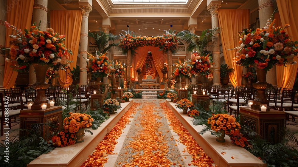 a traditional Indian setting, the wedding theme dazzles with its rich colors, intricate designs, and ornate decorations