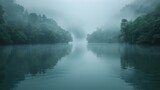   A foggy day surrounds a tree-lined body of water, with a solitary boat in its center