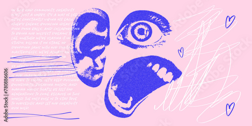 Contemporary banner with anti-design concept. Face with retro photocopy effect, hand drawn doodles and text.