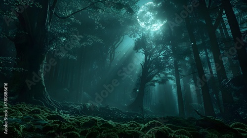 A moonlit night in a dense, dark forest, with beams of moonlight filtering through thick, ancient trees, casting long shadows on a moss-covered forest floor