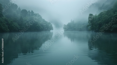   A foggy day surrounds a tree-lined body of water  with a solitary boat in its center