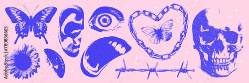 Trending elements with a photocopy and grain effect. Retro psychedelic style in an anti design concept. Skull, eye, ear, ear, lips, target, barbed wire. 