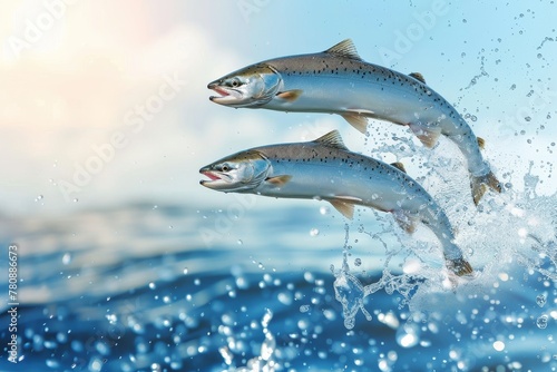 Atlantic salmon leaping out of the water photo