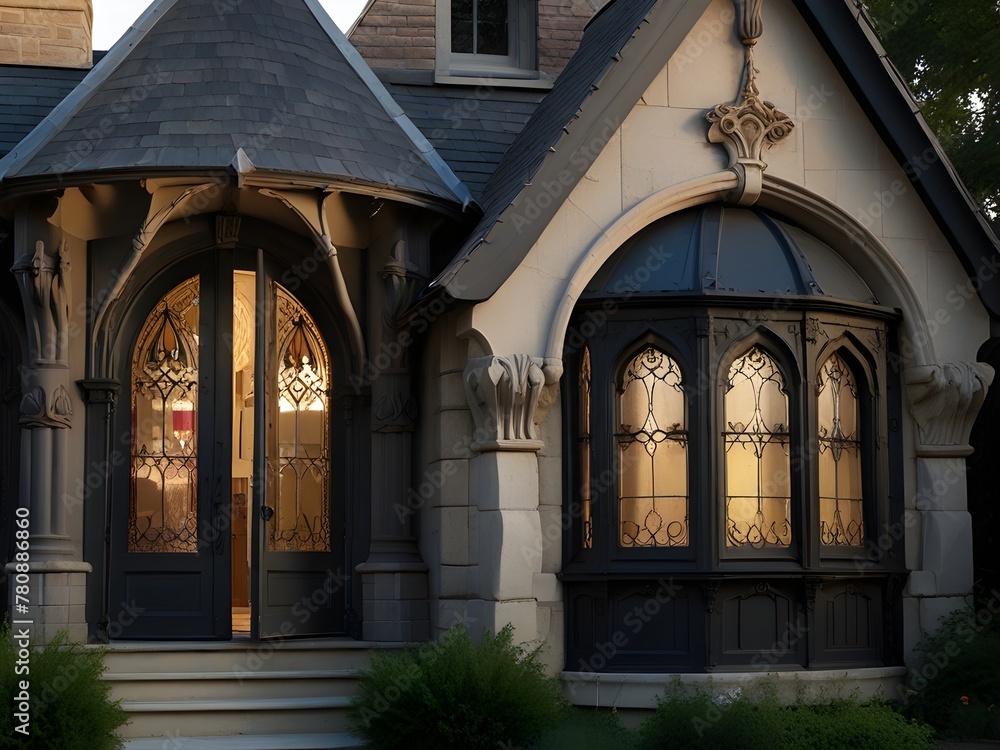 A gothic revival cottage with pointed arch windows, ornate trim, and a fairy-tale-like appearance, generative AI