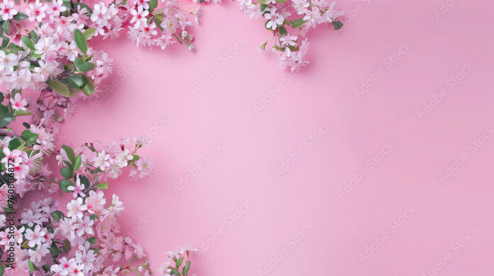 Blooming spring flowers on pink background