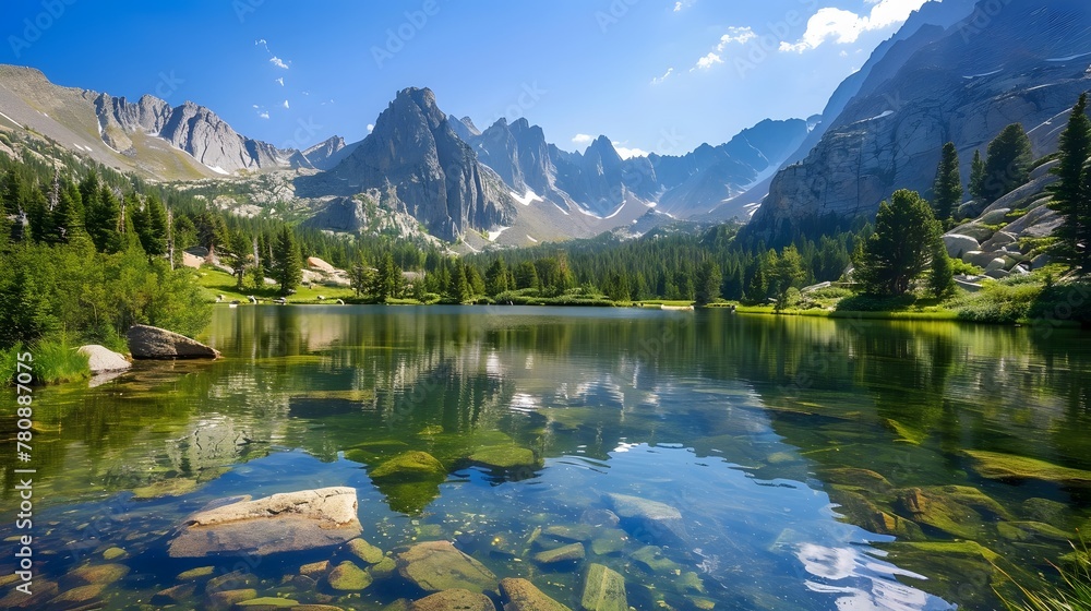 A mountain landscape during summer, with a crystal-clear lake reflecting the towering peaks that are dotted with patches of greenery.