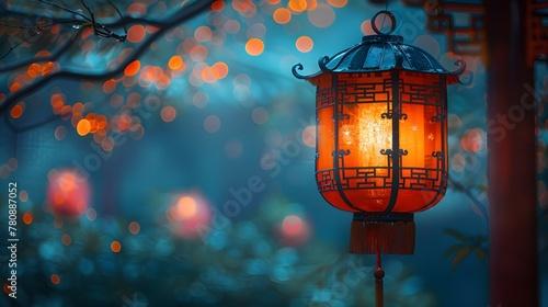 a traditional oriental lantern shines amidst a dreamy bokeh of lights, casting a spell of serenity and enchantment. 