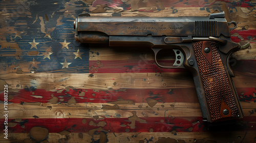 Colt Peacemaker. Us flag and gun concept independence day background. Judge gavel and gun on USA flag. Gun law concept,  Ai generated photo