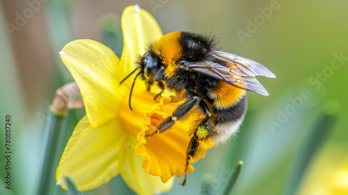 Close-up of a bumblebee on a vibrant yellow daffodil in springtime