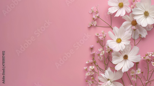 White flowers and delicate blossoms on a soft pink background