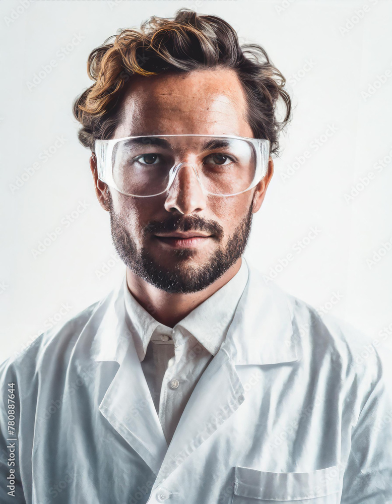 Portrait of young bearded caucasian man doctor as scientist isolated on white background. Generative Ai.
