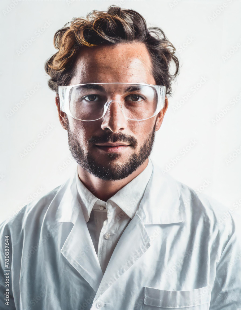 Portrait of young bearded caucasian man doctor as scientist isolated on white background. Generative Ai. Portrait of young bearded caucasian man doctor as scientist isolated on white background. Generative Ai.