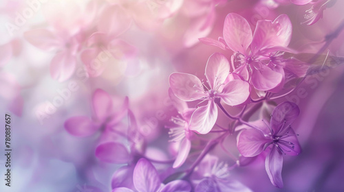 Soft-focus image of delicate spring flowers in bloom with a dreamy pastel backdrop
