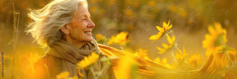 A joyful woman enjoys a peaceful moment surrounded by vibrant autumnal blooms at sunset