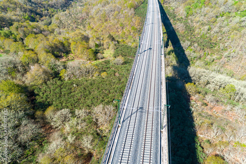 high speed railway viaduct in Galicia, Spain. Aerial view with drone