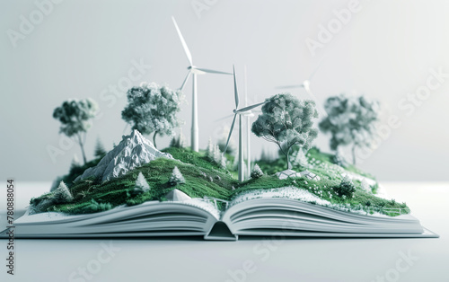 a book with a mountain in the middle and a wind turbine in the middle.