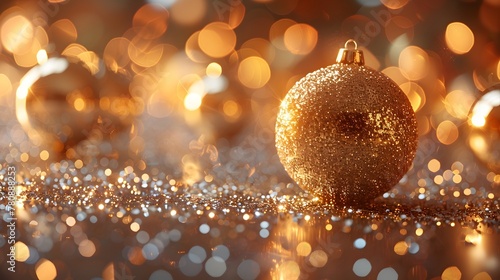 golden Christmas ornaments gleam against a polished metallic surface.