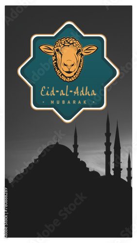 Eid al-Adha celebration card with a silhouette of a mosque at twilight and a festive sheep emblem. Vector illustration