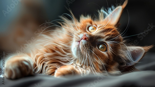   A tight shot of a cat lying on its back, head tilted to the side, and eyes wide open photo