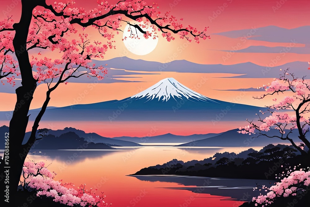 Cherry tree in full bloom with majestic Mount Fuji in background, capturing essence of traditional Japanese beauty, tranquility. For interior, commercial spaces to create stylish atmosphere, print.