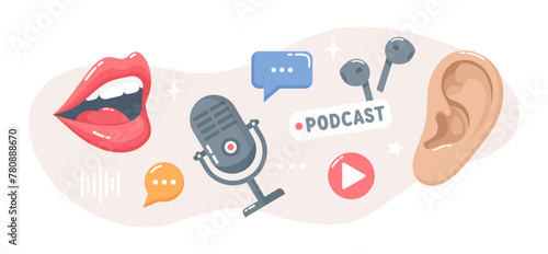 Talking female mouth, microphone, ear, earphones and speech bubbles. Podcast concept banner. Flat vector illustration