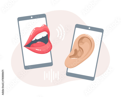 Phone conversation. A talking mouth and a listening ear on smartphone screens. Flat vector illustration
