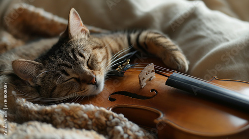 Zbliżenie na burego kota odpoczywającego na skrzypcach