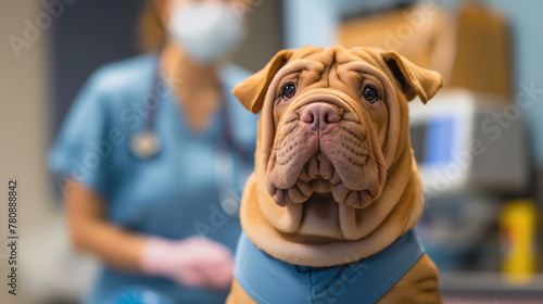 a simple backdrop, a Shar Pei dog poses proudly in medical scrubs, their dignified posture and intelligent eyes photo