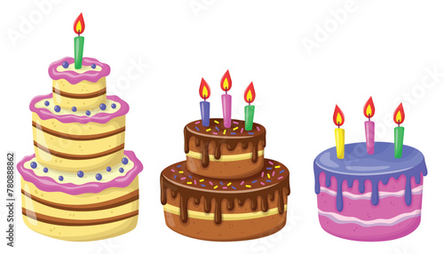 Set of vector birthday cakes. Cartoon cute style. Flat design. Illustration of colorful cakes with candles. Isolated on white background (ID: 780888862)