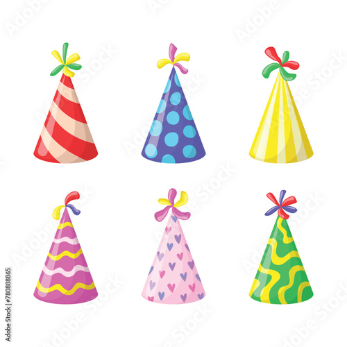 Set of hats for a birthday party. Colorful, bright and cute accessories. Vector flat design. Isolated on white background (ID: 780888865)