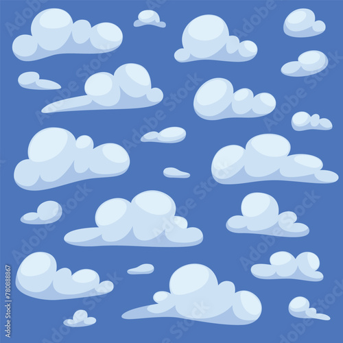 Cartoon clouds isolated on blue sky panorama vector collection. Cloudscape in blue sky, white cloud illustration (ID: 780888867)