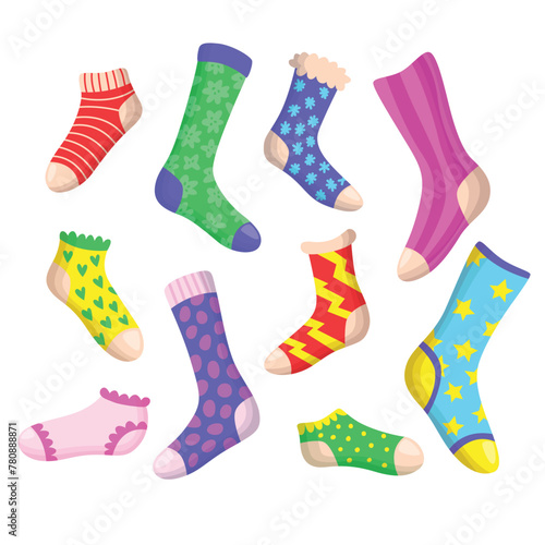 A set of fun colored socks. Vector flat design. Cute pattern. Isolated on white background (ID: 780888871)