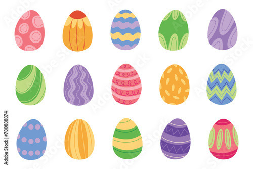 Happy Easter. Set of flat Easter eggs with different texture on white background. Spring holiday. Vector illustration. Happy Easter eggs (ID: 780888874)