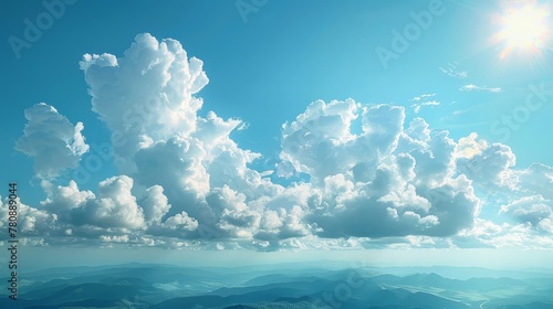  A vibrant blue sky dots with billowy white clouds while a radiant sun anchors its center above towering mountain peaks