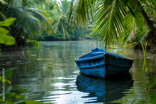 Boat on tropical river with lush greenery