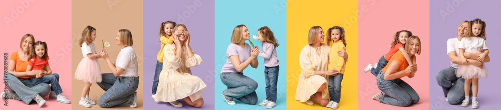 Set of happy mother and little daughter on color background Set of happy mother and little daughter on color background