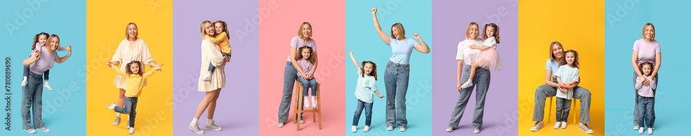 Set of happy mother and little daughter on color background - obrazy, fototapety, plakaty 