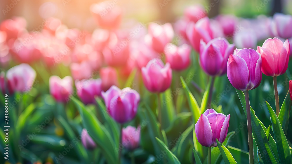 A breathtaking view of purple tulips blooming under the warm sun, symbolizing spring and renewal in a lush garden
